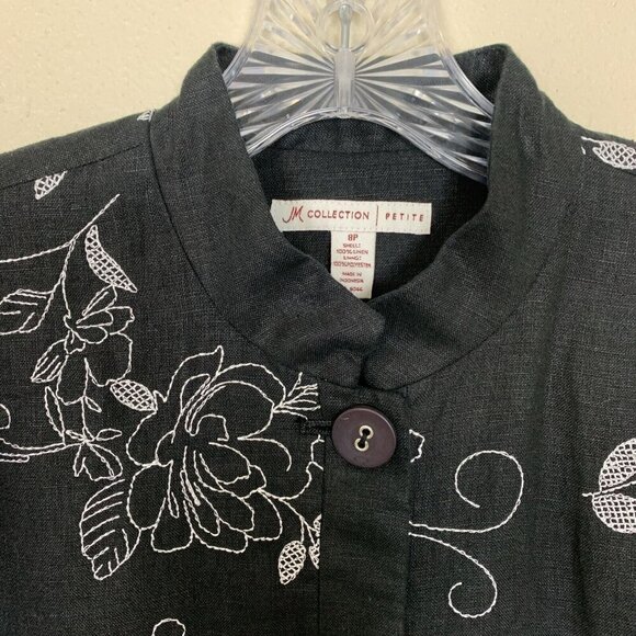 JM Collection Womens Linen Jacket 8 Petite NEW Black Floral Embroidered Shacket - Picture 5 of 15
